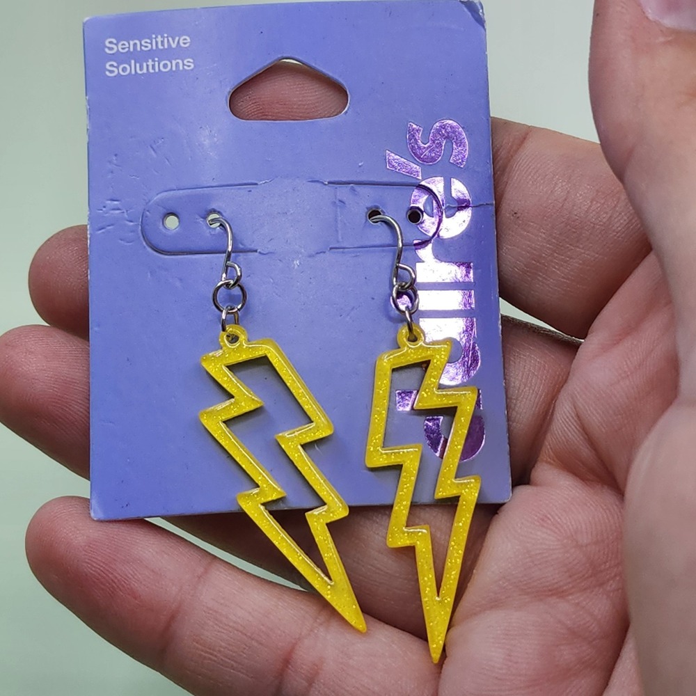 Claire's Yellow Glitter Lightning Bolt Dangle Earrings Acrylic Y2K Statement